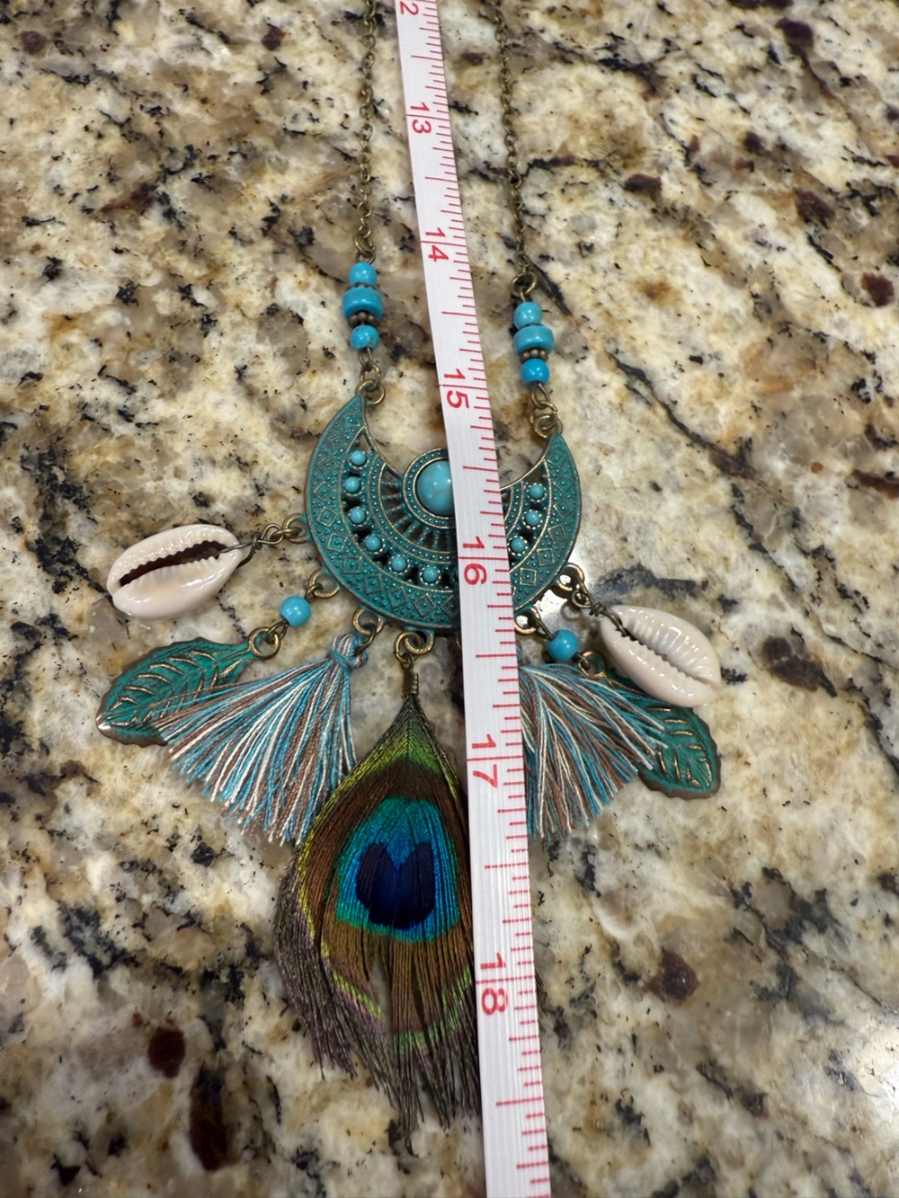 Coastal Cowgirl necklace peacock feather seashell embellishments 18” - Picture 6 of 8